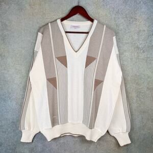 VTG 90s Gabicci Knit Sweater XL Tan Beige Made In Italy Soprano Style Geometric